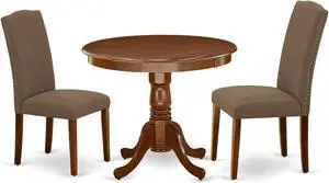 East West Furniture ANEN3-MAH-18 3 Piece Dining Room Furniture Set Contains a Round Kitchen Table with Pedestal and 2 Dark Coffee Linen Fabric Parson Dining Chairs, 36x36 Inch, Mahogany