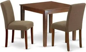 East West Furniture OXAB3-MAH-18 3 Piece Kitchen Table Set for Small Spaces Contains a Square Dining Room Table and 2 Coffee Linen Fabric Parsons Dining Chairs, 36x36 Inch, Mahogany