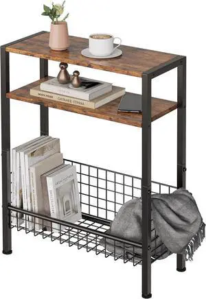 DIY Narrow Side Table, 3 Tier End Table with Various Storage Basket, Slim Sofa Side Table for Small Spaces, Skinny Nightstand, for Living Room, Bedroom, Rustic Brown
