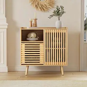 Buffet Cabinet with Storage, 31.5" Buffet Table with Storage, Sideboard Coffee Bar Cabinet with Silding Door for Living/Dining Room, Kitchen, Hallway, Natural