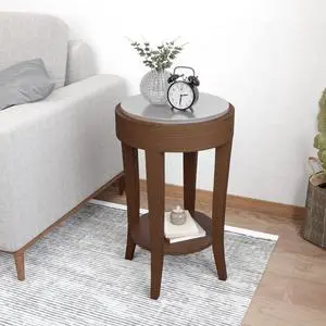 HOMPUS Modern Round Side Table Wooden Accent End Table 2-Tier Storage MDF with Veneer Brush Finishing Shelf Coffee Table Nightstand for Home Furniture Office Living Room Bedroom Brown