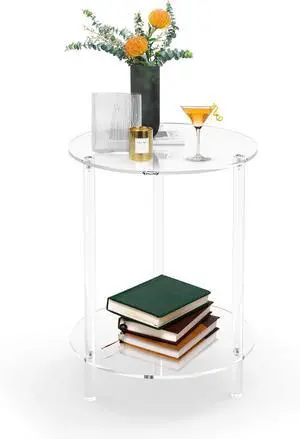 Clear Acrylic Round Side Table for Small Spaces, Acrylic Clear Coffee/End/Bedside Table,2-Tier Acrylic Nightsand/Furniture for Living Room, Bedroom, Bathroom, Garden, Office