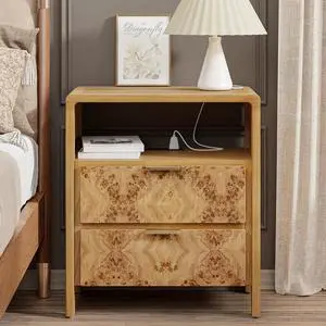 Farmhouse Nightstand with Charging Station, Side Table with Power Outlet and USB & Type C Ports, Wood Bedside Table for Bedroom, Fully Assembled, Rustic, Natural, Burl