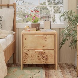 Fully Assembled Farmhouse Nightstand with Drawer, Distressed Wood Retro Accent Bedside Table, Small Nightstand Organizer, Mid Century Modern End Table for Bedroom, Rustic, Burl