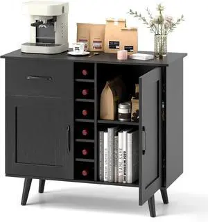 Buffet Cabinet with Storage, Liquor Cabinet w/ 6-Bottle Wine Rack, 1 Drawer & 2 Doors, Wood Buffets & Sideboards, Farmhouse Coffee Bar Table for Kitchen, Dining Living Room, Entryway (Black)