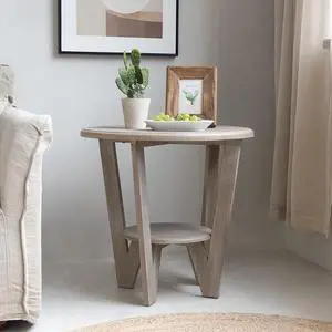 LONYKE Round Farmhouse End Table with Storage ShelfFrench Country Grey Accent Table, Dinning or Living Room, Small Spaces, Modern, Vintage Grey Finish
