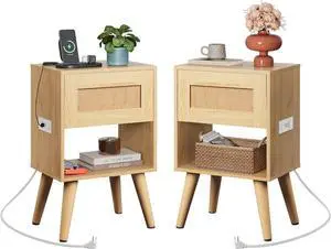 WLIVE Rattan Nightstands Set of 2 with Charging Station, Boho Nightstand, Wood Side Table, Small End Table with Drawers for Bedroom, Living Room, Natural Oak