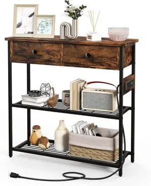 GOFLAME Console Table with Charging Station, Narrow Entryway Table with 2 Drawers & 2 Metal Mesh Shelves, Accent Sofa Side Table with 2 AC Outlets & 2 USB Ports for Living Room, Foyer, Couch, Brown