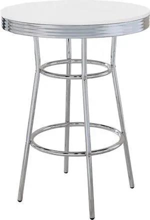 Coaster Home Furnishings Retro 1950s Soda Fountain Diner Pub Height Game Room Bar Table White Laminate Top Sturdy Steel Chrome Base 2300