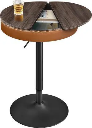 VASAGLE EKHO Collection - Height Adjustable Bar Table, Round High Pub Table with Storage, Synthetic Leather with Stitching, Mid-Century Modern, Kitchen Home Bar, Ash Brown and Caramel Brown