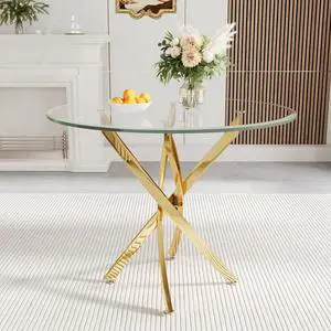 36" Round Glass Dining Table for 4, Stainless Steel Legs & Tempered Glass Top, Modern Circle Leisure Table for Home Office Kitchen Dining Room Small Spaces (Gold Leg)