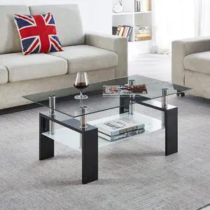 Glass Coffee Table,Rectangle Coffee Table for Living Room Modern Side Coffee Table with Lower Shelf,Metal Leg,Black Glass Coffee Table,Rectangle Coffee Table for Living Room Modern Side Coffee Table with Lower Shelf,Metal Leg,Black