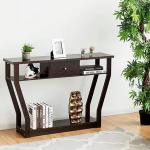 3 Tiers Console Table with Drawer, 47'' Wooden Accent Table with Open Storage Shelves, Easy Assembly, Narrow Sofa Side Table for Hallway Entryway Living Room (Coffee)