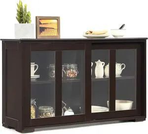 Costzon Sideboard Buffet Cabinet, Wooden Kitchen Storage Cabinet with Adjustable Shelf, Sliding Glass Doors, Accent Coffee Bar Cabinet Console Table for Living Room, Dining Room, Hallway (Coffee)