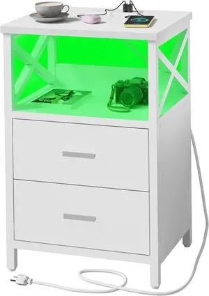 LED Nightstand with Charging Station, Side Table with USB Ports and Outlets, End Table for Small Spaces, White Bedside Tables with Fabric-Wood 2-in-1 Drawer for Bedroom, Living Room, Office