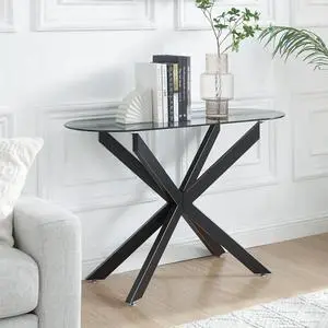 Modern Glass Oval Console Table, Entryway Hallway Narrow Sofa Table, Entrance for Entryway, Living Room, Foyer, Hallway, Office 45" Lx18 Wx30 H Black
