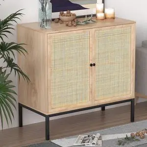 XIAO WEI Sideboard Cabinet with Natural Rattan Hand-Woven 2 Doors, Rattan Cabinet Console Table Buffet Storage Accent Cane Credenza, for Kitchen Living Room Hallway Entryway, Natural (Metal Legs)