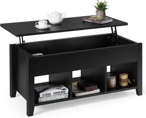 DORTALA Lift Top Storage Space Coffee Table, Multi-Functional Modern Coffee Table with Height Adjustable Top & Hidden Compartment Storage & Three Open Shelves at Bottom (Black)