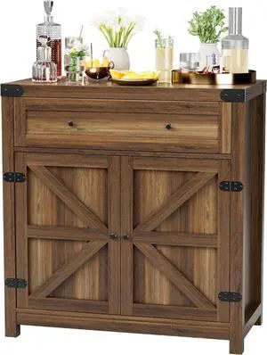 JUMMICO Coffee Bar Cabinet Farmhouse Kitchen Sideboard Buffet Cabinet with Drawer and Adjustable Shelf Barn Door Storage Cabinet for Kitchen, Dining Room, Bathroom, Entryway (Brown)