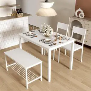 SogesHome Dining Table and Chairs Dining Table Set with 2 Chairs and 1 Bench Bar Set Kitchen Table and Chairs for Dining Room Bistro SetPure White
