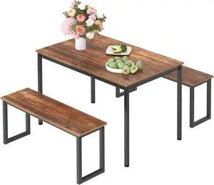 DlandHome Dining Table Set for 4, Kitchen Table Set with 2 Benches, 3 Piece Dining Room Table and Benches, Kitchen Coffee Table Set for Flats, Industrial Style Wooden Kitchen and Dining Room Set