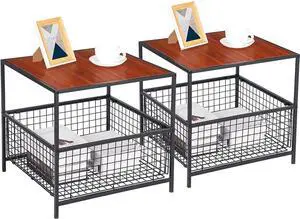 Side Tables Set of 2, End Table w/Wire Storage Basket, Small Fridge Stands Coffee Tables Nightstands for Living Room Bedroom