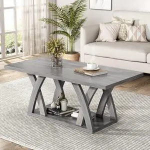 Farmhouse Coffee Table with Shelf, Wood Coffee Table for Living Room, Open Display Area,47 Grey