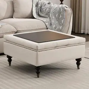 Large Square Storage Ottoman Uphlostered Tufted Button Coffee Table, Oversized Footrest Bench with Castered Rolling Wheels for Living Room, Beige Linen Waterproof
