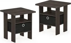 Furinno Andrey Set of 2 End Table / Side Table / Night Stand / Bedside Table with Bin Drawer, Dark Brown/Black