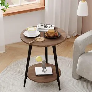 Round End Table Living Room Bedroom Round Side Table 20'' Brown Farmhouse End Table with 2-tire Storage Shelf Mid Century Modern End Table Round End Table Living Room Bedroom Round Side Table 20'' Brown Farmhouse End Table with 2-tire Storage Shelf Mid Century Modern End Table