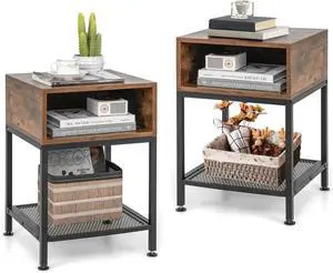 Giantex 2-Tier Side Table Set of 2, Industrial End Table with Open and Mesh Storage Shelf, Stable Metal Frame, Telephone Table for Small Space, Bedside Table Night Stand for Living Room, Rustic Brown