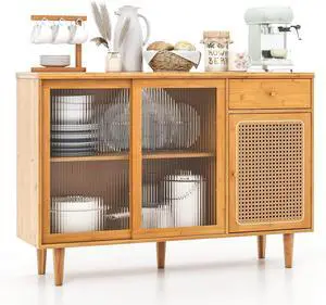 LOKO Buffet Cabinet, Modern Bamboo Sideboard with Tempered Glass Sliding Doors, Rattan Door Home Bar, Boho Coffee Bar Cabinet for Living Room Hallway