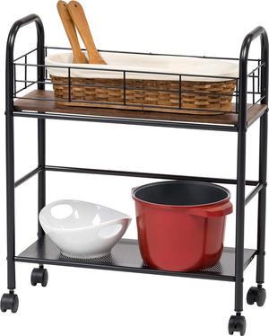IRIS USA 2-Tier Kitchen Storage Rolling Cart with Lockable Caster Wheels, Coffee Cart, Pantry Rack, Home Bar, Serving Cart, Slim, Rustic Brown