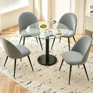 Modern Circle Dining Table Set for 4, 35.43-Inch Kitchen Coffee Table Set with 4 Seated Dining Chairs Upholstered Velvet Reception Room Chairs, Tulip Glass Table Set, Metal and Marble Base