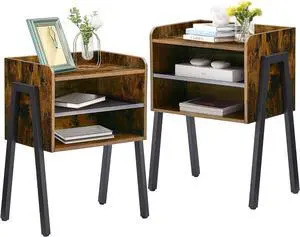 VECELO Industrial Nightstand,3 Tier Side Table End Table/Stackable Accent Furniture with Open Storage Shelves with Metal Frame for Bedroom, Living Room,Office