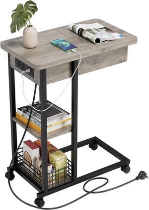 IDEALHOUSE C Shaped Side Table with Charging Station, Flip Top Sofa End Table with USB Ports and Outlets for Living Room & Bedroom, Narrow Side Table with 3 Tier Storage Shelf for Small Spaces- Grey