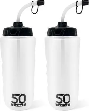 50 Strong 1 Liter Water Bottle with Straw  2-Pack Easy-Squeeze Sports Bottles with Long Straw & Built-In Finger Grip  BPA-Free  Made in USA  Ideal for Hockey, Football, Lacrosse & Boxing
