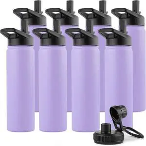 DOMICARE Insulated Water Bottle, 22 oz Vacuum Insulated Stainless Steel Reusable Sports Bottle with Straw Lid & Spout Lid for Travel, Camping, Bike, Leakproof, Purple, 8 Pack
