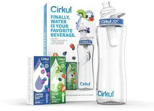 Cirkul 32oz. BPA-Free Plastic Water Bottle Starter Kit with Navy Lid, 2 Flavor Cartridges (1 LifeSip Blueberry Grape, 1 GoSip Kiwi Berry) Zero Calories and No Sugar