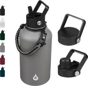 BJPKPK Half Gallon Insulated Water Bottles with Straw Lid, 64oz Large Water Jug, Stainless Steel Bottles with 3 Lids and Paracord Handle, Thermos for Hot & Cold Liquid, Gray