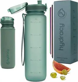 Hydracy Water Bottle with Time Marker -Large BPA Free Water Bottle & No Sweat Sleeve -Leak Proof Gym Bottle with Fruit Infuser Strainer & Times to Drink -Ideal for Fitness Sports & Outdoors
