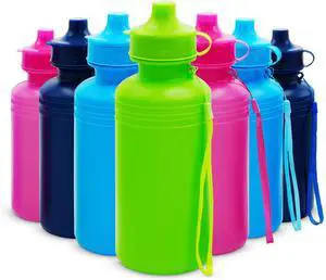 4E's Novelty Bulk Water Sports Bottles for Kids 18 oz - 12 Pack Squeeze Reusable Plastic, Neon Colors, BPA Free, Kids Water Bottles Party Favor Gift Giveaways
