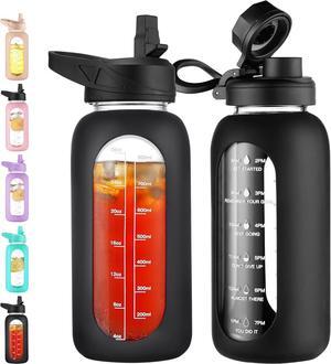CIVAGO 32 oz Glass Water Bottle with Straw and Handle, Large Sports Motivational Water Bottle Flask with Time Marker and 2 Lids, Leakproof Water Jug Canteen with Silicone Sleeve for Gym,Black
