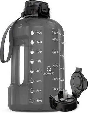 AQUAFIT 1 Gallon Water Bottle with Time Marker - BPA Free 128 oz Water Bottle with Straw, Gym Water Bottle with Handle, 1 Gallon Water Jug, Big Water Bottle, Large Water Bottle (Gray)
