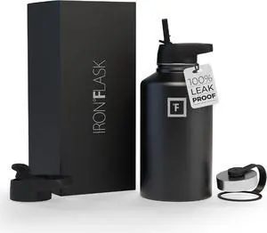 IRON °FLASK Camping & Hiking Hydration Flask with 3 Lids - Stainless Steel, Double Walled & Vacuum Insulated Water Bottle - Leak Proof & BPA Free (Midnight Black, Straw - 64 oz)
