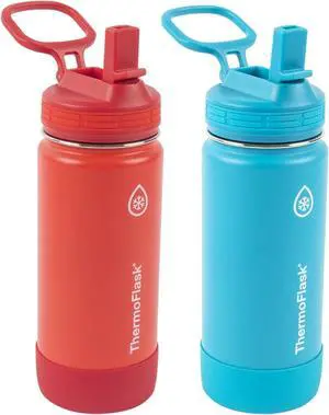 ThermoFlask Kids Bottle with Straw Lid - Durable & Dishwasher-Safe Water Bottles & Lids - Leak-Proof Bottle Lid Design - Reusable Water Bottles for Everyday Use - 16 oz, Red/Blue (2 Pack)