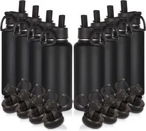 Volhoply 32oz Insulated Water Bottles Bulk 8 Pack with Straw Lid & Spout Lid,Stainless Steel Sports Water Bottle,Double Wall Vacuum Thermos,Leakproof Wide Mouth Metal Flask for Hiking,Camping(Black,8)