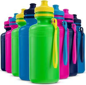 Bedwina Bulk Water Bottles For Kids - (pack Of 12) 18 Oz - 7.5 Inch BPA-Free Plastic with Pop-up Tops & Handles for Sports, Summer, Reusable Water Bottles Bulk For School