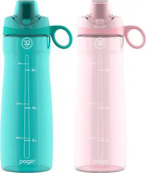 Pogo 2-Pack Plastic Water Bottle with Carry Handle, Reusable, BPA Free, Dishwasher Safe, Perfect for Travel, School, Outdoors, and Gym | 18oz, 32oz