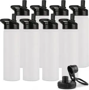 DOMICARE Insulated Water Bottle, 22 oz Vacuum Insulated Stainless Steel Reusable Sports Bottle with Straw Lid & Spout Lid for Travel, Camping, Bike, Leakproof, White, 8 Pack
